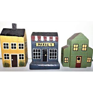 THT Designs lot of 3 wood block houses 3-4 inches tall, yellow, blue and green